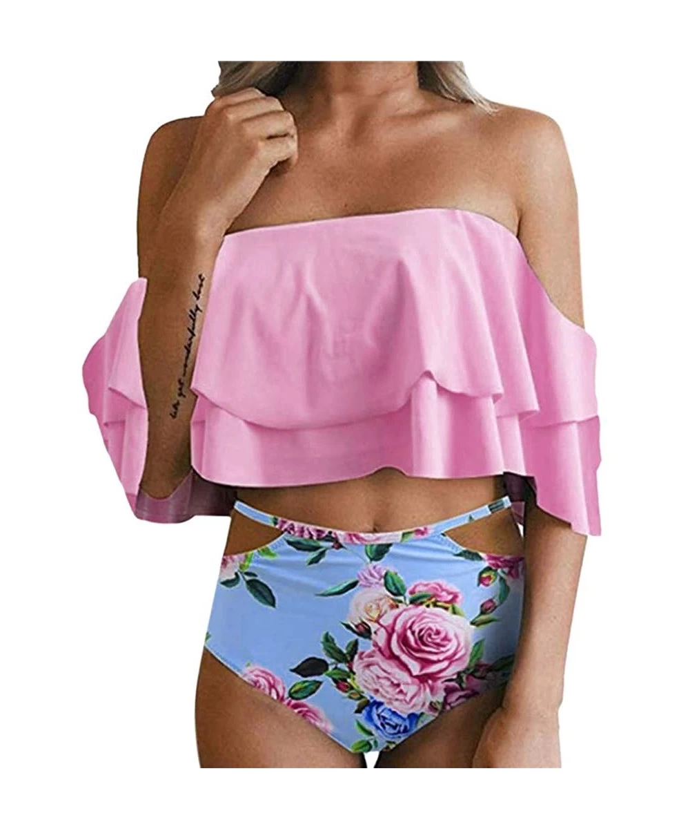 Sets Women Two Piece Off Shoulder Ruffled Flounce Crop Bikini Top with Print Cut Out Bottoms High Waisted Bikini Swimsuit - S...