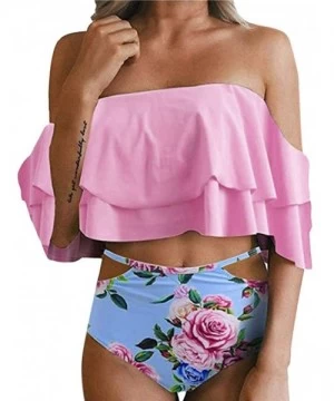 Sets Women Two Piece Off Shoulder Ruffled Flounce Crop Bikini Top with Print Cut Out Bottoms High Waisted Bikini Swimsuit - S...