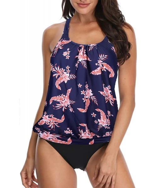 Tankinis Blouson Tankini Swimsuits for Women Loose Fit Floral Printed Two Piece Bathing Suits - Pink&floral - C518AI3XI90