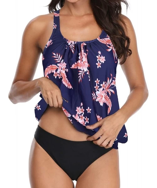 Tankinis Blouson Tankini Swimsuits for Women Loose Fit Floral Printed Two Piece Bathing Suits - Pink&floral - C518AI3XI90