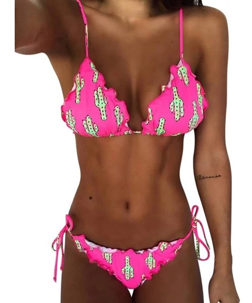 Sets Women Cactus Printing Two Piece Bikini Sets Swimsuits Swimwear Beach Suit - Hot Pink - C8180AMILO7