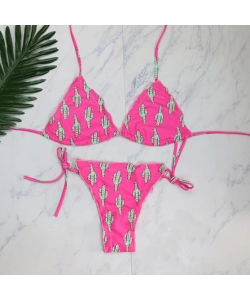 Sets Women Cactus Printing Two Piece Bikini Sets Swimsuits Swimwear Beach Suit - Hot Pink - C8180AMILO7