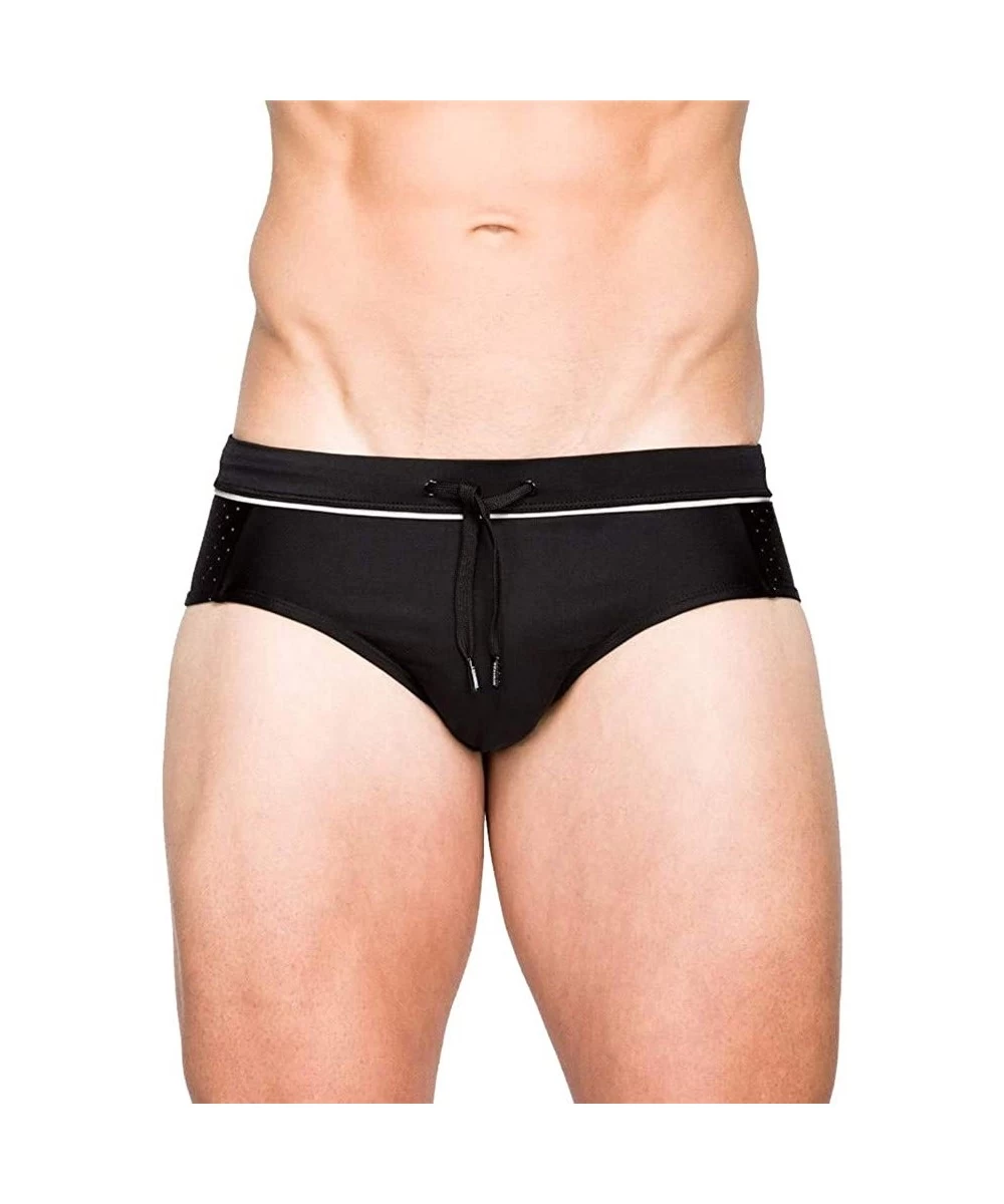 Briefs Men's Swimwear Sexy Slip Bikini Gay Swim Briefs Low Waist Black Men Mesh Cord Surf Beachwear - Black - C718WUSZAIS