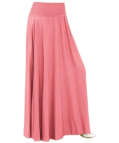 Cover-Ups Elastic High Waist Pleated Skirt Flare Solid Color A Line Shirring Casual Long Skirt Beach - Pink - CJ194C7W347