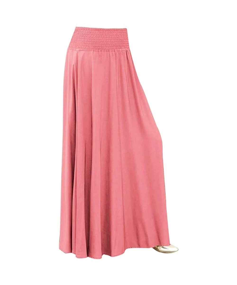 Cover-Ups Elastic High Waist Pleated Skirt Flare Solid Color A Line Shirring Casual Long Skirt Beach - Pink - CJ194C7W347