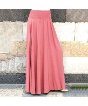 Cover-Ups Elastic High Waist Pleated Skirt Flare Solid Color A Line Shirring Casual Long Skirt Beach - Pink - CJ194C7W347