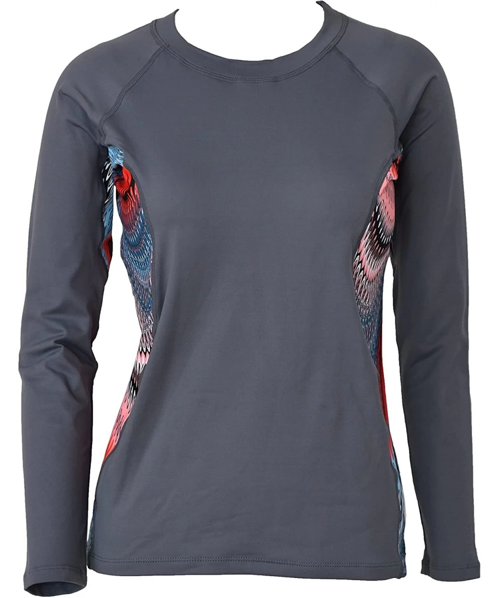 Rash Guards Women Beachwalk Plus Size UPF 50+ Swim Long Sleeve Top Rash Guard - Grey With Waves Crest - CS185QN9D5T