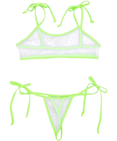 Sets Women's 2 Piece See Through Mesh Sheer Lace-up Micro Bikini Open Butt Thong Lingerie Swimsuit - White&green - CE199CXE3O3