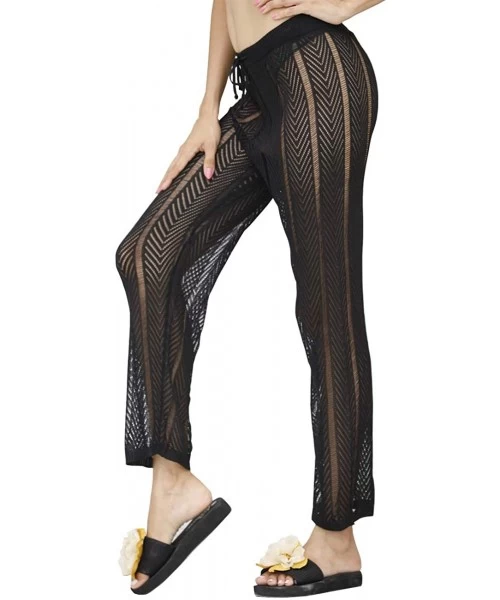 Cover-Ups Womens Sexy Hollow Out See Through Mesh Long Crochet Pants Swimsuit Cover Up Pants - Black1 - C819COYHCXW