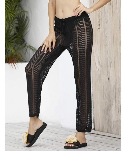 Cover-Ups Womens Sexy Hollow Out See Through Mesh Long Crochet Pants Swimsuit Cover Up Pants - Black1 - C819COYHCXW