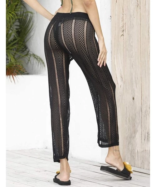 Cover-Ups Womens Sexy Hollow Out See Through Mesh Long Crochet Pants Swimsuit Cover Up Pants - Black1 - C819COYHCXW