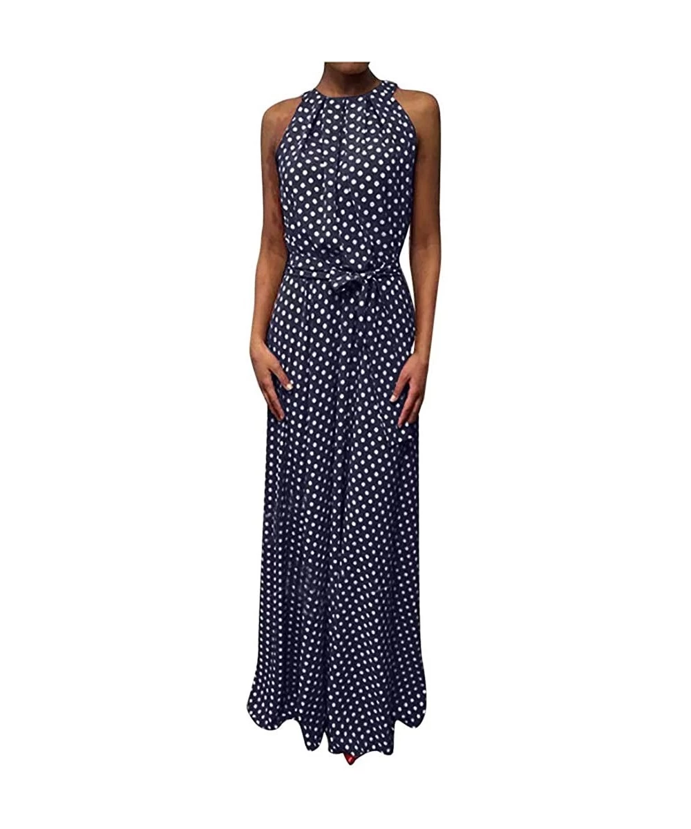 Cover-Ups Women Fashion Dresses Sleeveless Dot Printed Party Maxi Dress Summer Casual Loose Halter Long Dress Sundress Blue -...