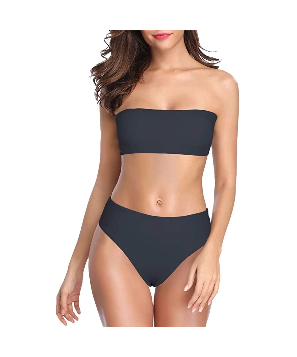 Sets Women's Bathing Suits Bandeau Bikini Set Strapless Off Shoulder Lace Up Tube Tops Two Piece Swimsuits - Black - C5198UZKLC7