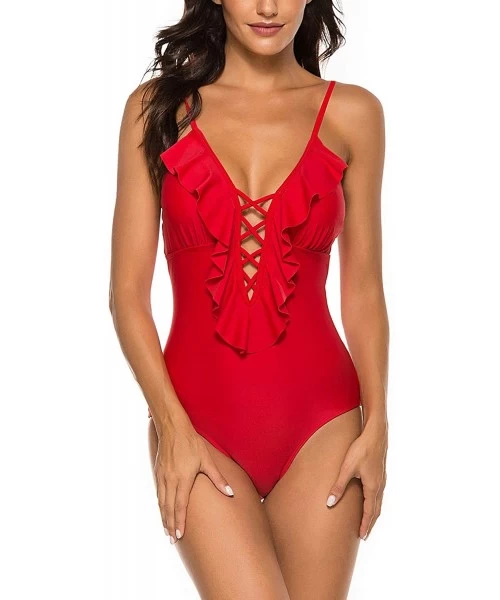 One-Pieces Women's Deep V Neck One Piece Swimsuit Ruffled Lace Up Monokini Solid Bathing Suit - Red - CK19443WI79