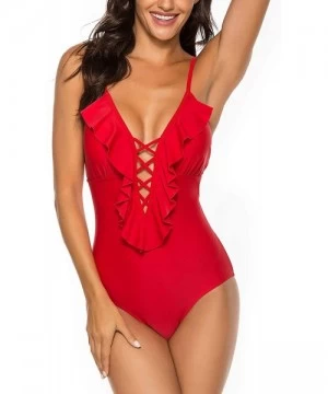 One-Pieces Women's Deep V Neck One Piece Swimsuit Ruffled Lace Up Monokini Solid Bathing Suit - Red - CK19443WI79