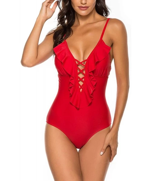 One-Pieces Women's Deep V Neck One Piece Swimsuit Ruffled Lace Up Monokini Solid Bathing Suit - Red - CK19443WI79