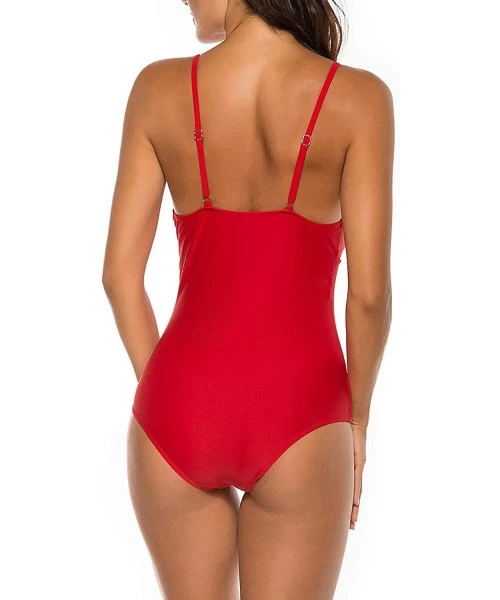 One-Pieces Women's Deep V Neck One Piece Swimsuit Ruffled Lace Up Monokini Solid Bathing Suit - Red - CK19443WI79