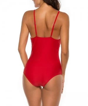 One-Pieces Women's Deep V Neck One Piece Swimsuit Ruffled Lace Up Monokini Solid Bathing Suit - Red - CK19443WI79