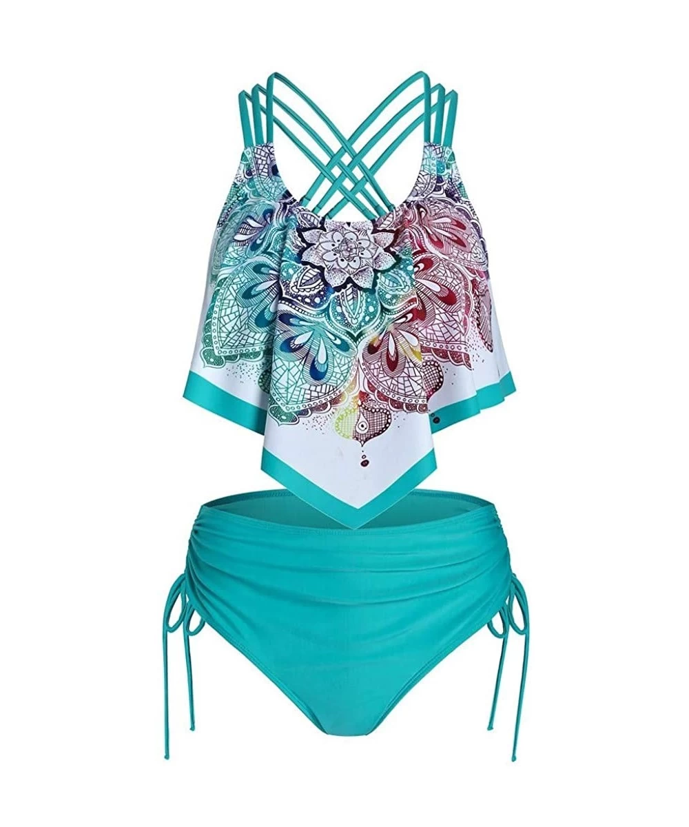 Sets Women BOH Print Push-Up Padded Overlay Flounce Crisscross Tankini Swimwear - Green - CX190DWLGYD