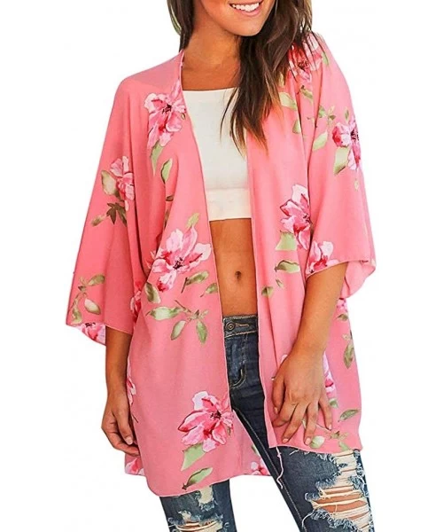 Cover-Ups Women Floral Kimono Cardigan Loose Half Sleeve Shawl Chiffon Casual Open Front Cover Up S-3XL - CJ18STQSY9L