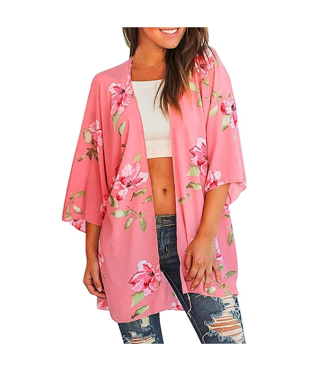 Cover-Ups Women Floral Kimono Cardigan Loose Half Sleeve Shawl Chiffon Casual Open Front Cover Up S-3XL - CJ18STQSY9L