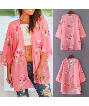 Cover-Ups Women Floral Kimono Cardigan Loose Half Sleeve Shawl Chiffon Casual Open Front Cover Up S-3XL - CJ18STQSY9L