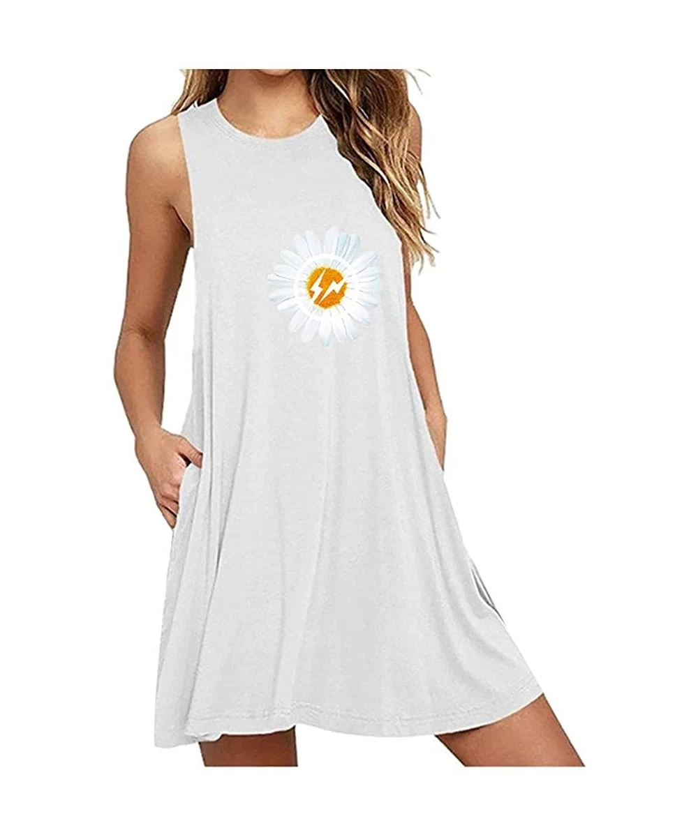 Cover-Ups Women Summer Casual T Shirt Dresses Beach Cover up Tank Dress Daisy Printing Sleeveless A Line Casual Dress White -...