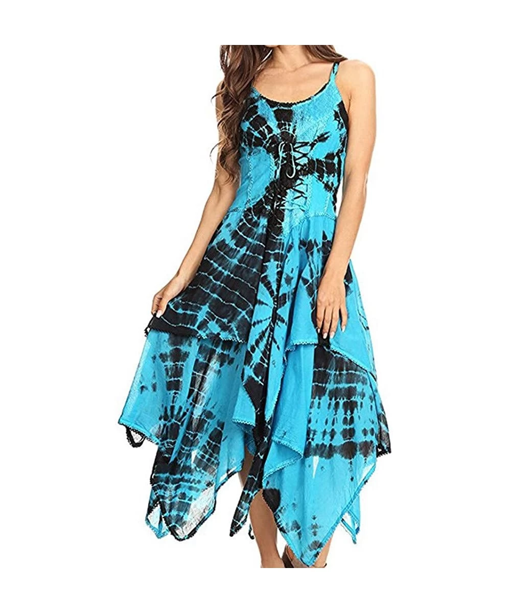 Cover-Ups Irregular Tie Dye Sleeveless Lace Up Corset Bodice Handkerchief Hem Dress Summer Beach Sun Dress - Z2-blue - CO1906...