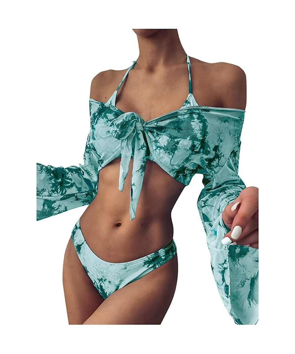 Sets Women's Sexy Tie-Dye Print Bikini Lace Up High Cut Leg Halter Off Shoulder Long Sleeve Cove-Up - Green - CI1905YAALD