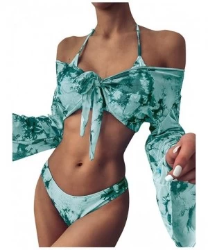 Sets Women's Sexy Tie-Dye Print Bikini Lace Up High Cut Leg Halter Off Shoulder Long Sleeve Cove-Up - Green - CI1905YAALD