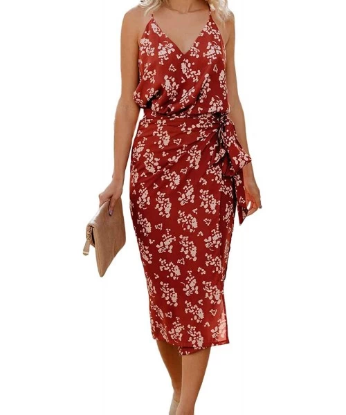 Cover-Ups Women's Summer Leopard Print V Neck Long Cami Casual Beach Cover Up Maxi Dresses - Red - CY199OLOE5H