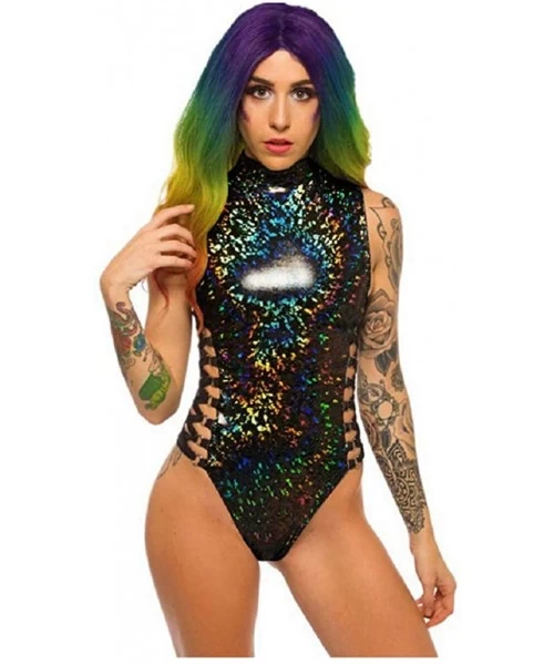 One-Pieces Women Hologram One Piece Bodysuit Metallic Rave Festival Silver Swimsuit - Black - CL18TSTD6KA