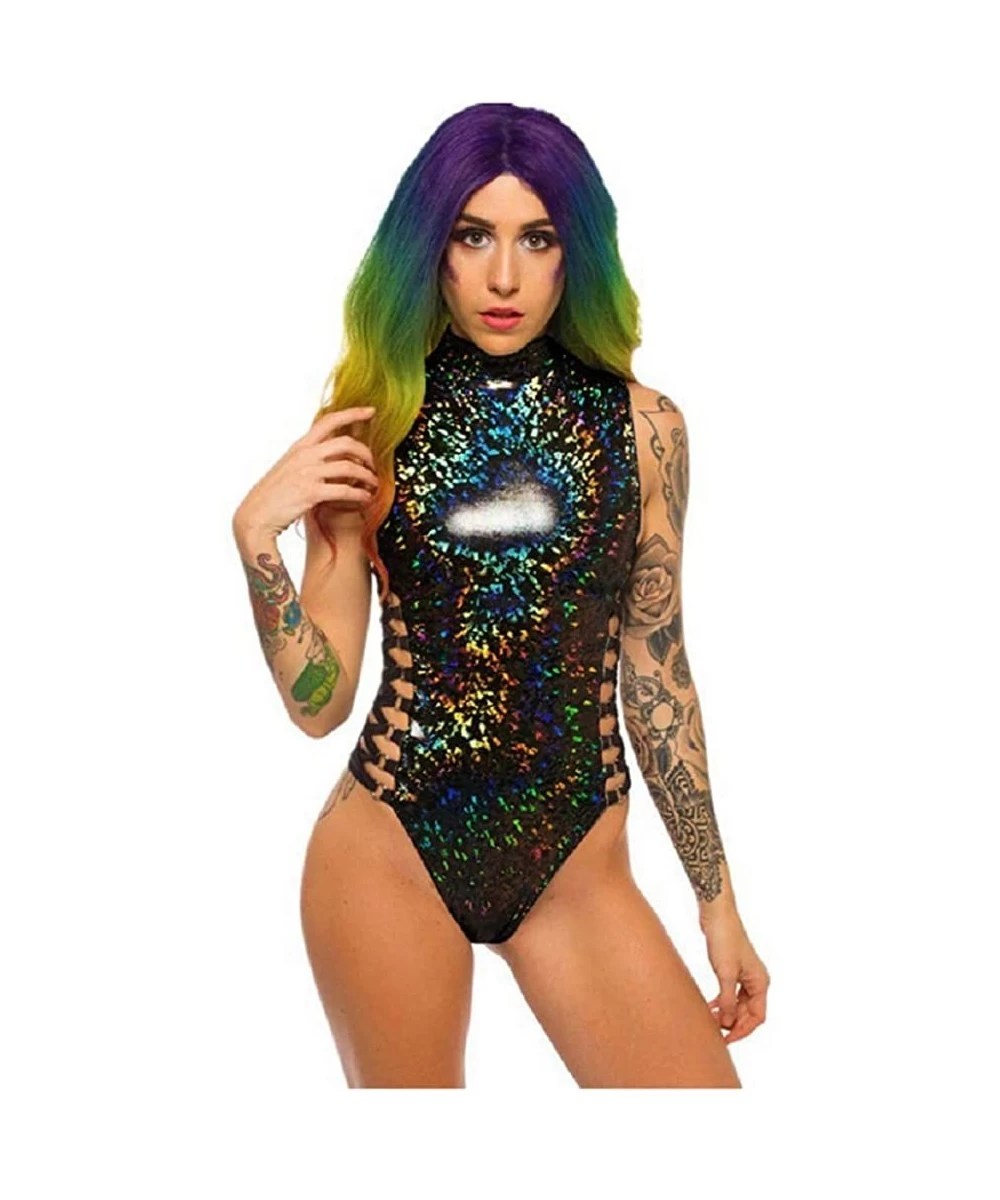 One-Pieces Women Hologram One Piece Bodysuit Metallic Rave Festival Silver Swimsuit - Black - CL18TSTD6KA