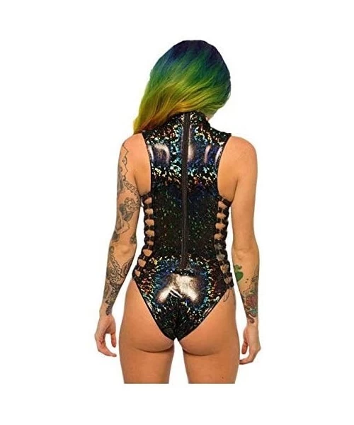 One-Pieces Women Hologram One Piece Bodysuit Metallic Rave Festival Silver Swimsuit - Black - CL18TSTD6KA