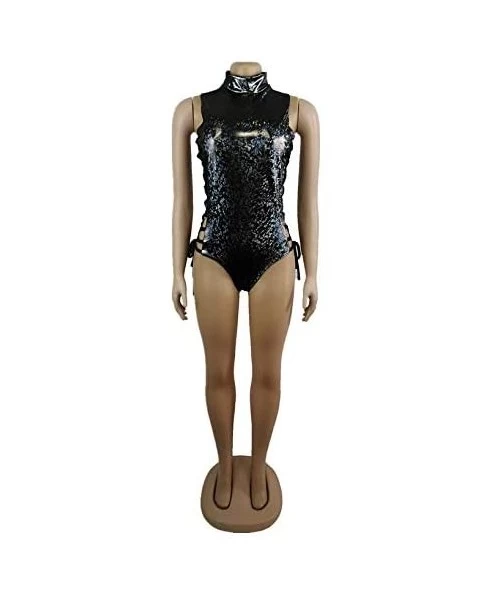 One-Pieces Women Hologram One Piece Bodysuit Metallic Rave Festival Silver Swimsuit - Black - CL18TSTD6KA