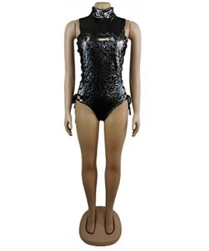 One-Pieces Women Hologram One Piece Bodysuit Metallic Rave Festival Silver Swimsuit - Black - CL18TSTD6KA