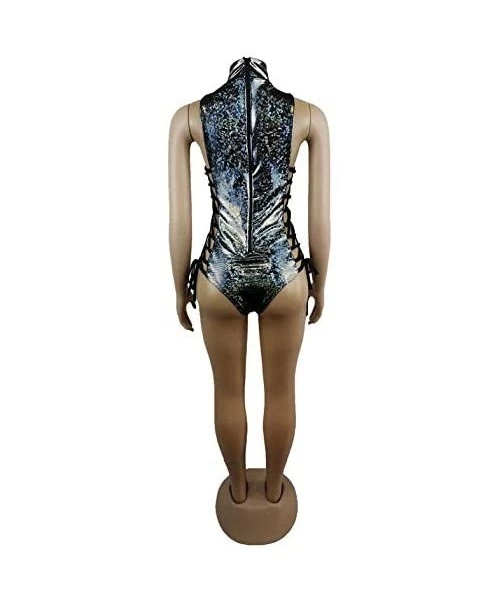 One-Pieces Women Hologram One Piece Bodysuit Metallic Rave Festival Silver Swimsuit - Black - CL18TSTD6KA