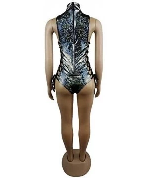 One-Pieces Women Hologram One Piece Bodysuit Metallic Rave Festival Silver Swimsuit - Black - CL18TSTD6KA