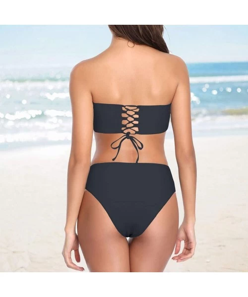 Sets Women's Bathing Suits Bandeau Bikini Set Strapless Off Shoulder Lace Up Tube Tops Two Piece Swimsuits - Black - C5198UZKLC7