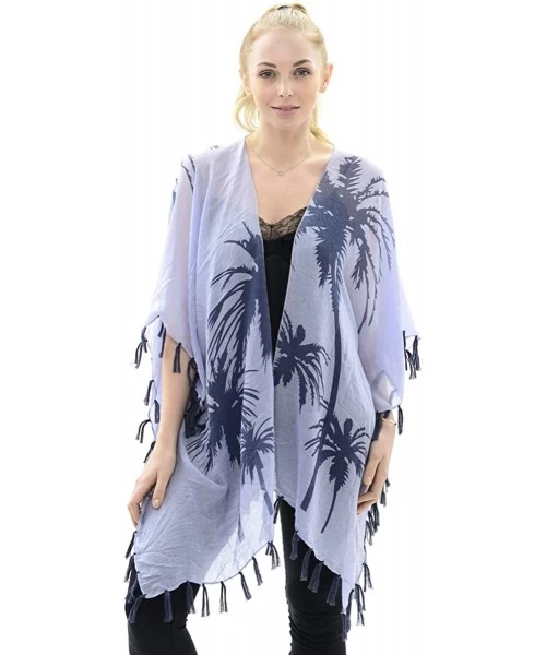 Cover-Ups Womens Fashion Lightweight Printed Open Front Kimono Cardigan Beach Cover-up Various Patterns - Blue Palm Tree - CW...