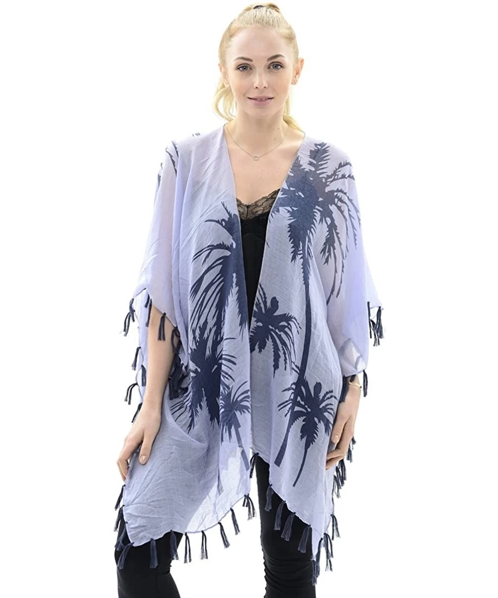 Cover-Ups Womens Fashion Lightweight Printed Open Front Kimono Cardigan Beach Cover-up Various Patterns - Blue Palm Tree - CW...