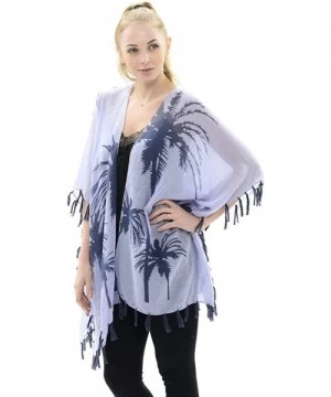 Cover-Ups Womens Fashion Lightweight Printed Open Front Kimono Cardigan Beach Cover-up Various Patterns - Blue Palm Tree - CW...