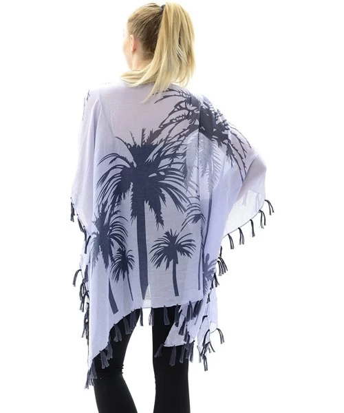 Cover-Ups Womens Fashion Lightweight Printed Open Front Kimono Cardigan Beach Cover-up Various Patterns - Blue Palm Tree - CW...