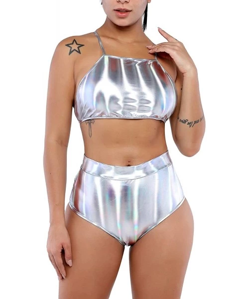 Sets Colorful Metal Faux Leather Swimsuit Set Light Festival Tops and Shorts Swimsuit Set - Vq0780 Silver - CJ18Z2MSMXG