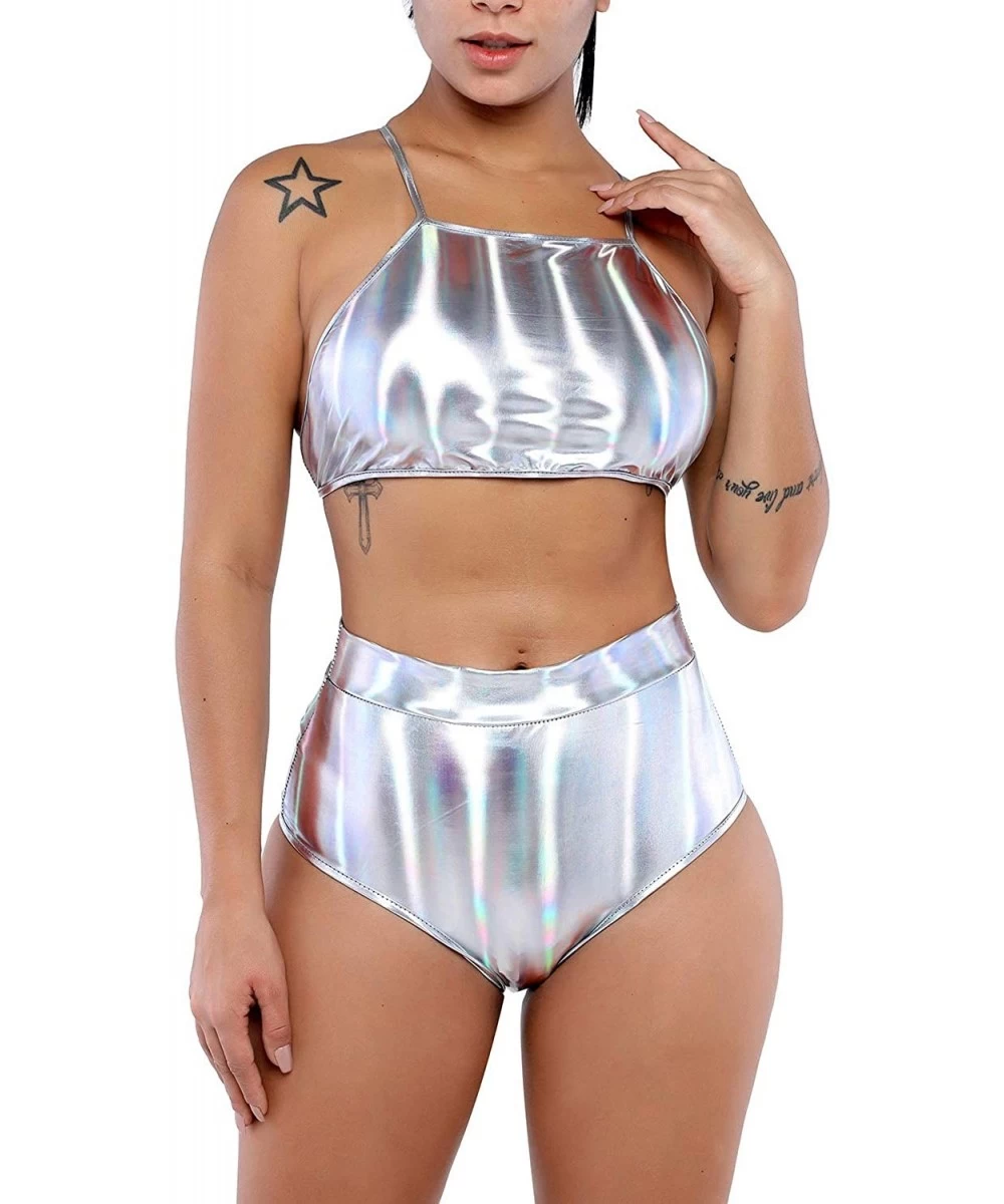 Sets Colorful Metal Faux Leather Swimsuit Set Light Festival Tops and Shorts Swimsuit Set - Vq0780 Silver - CJ18Z2MSMXG