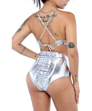 Sets Colorful Metal Faux Leather Swimsuit Set Light Festival Tops and Shorts Swimsuit Set - Vq0780 Silver - CJ18Z2MSMXG