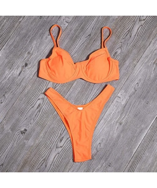 Sets Womens Bathing Suits Floral Printing Solid Color Padded Push up 2 Piece Bikini Sets Swimsuits Swimwear - Orange - CG194O...