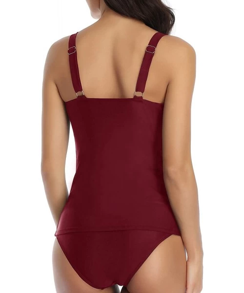 Tankinis Womens Ruched Tummy Control Tankini Swimsuit 2 Piece Vintage Bathing Suit Slimming Swimwear - Red Wine - CJ1934IRGH6