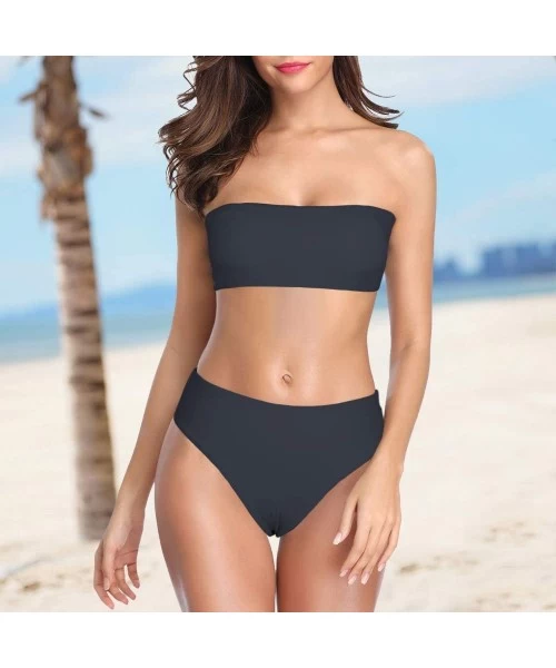 Sets Women's Bathing Suits Bandeau Bikini Set Strapless Off Shoulder Lace Up Tube Tops Two Piece Swimsuits - Black - C5198UZKLC7