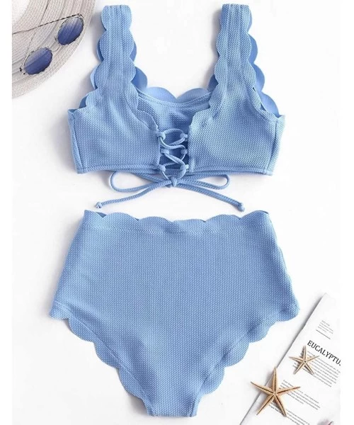 Bottoms Women Split Swimsuit Ladies Wavy Bandage Solid Color Push Up Tankini Sets Beachwear Swimwear Suit - Blue - CO193ACZW6A